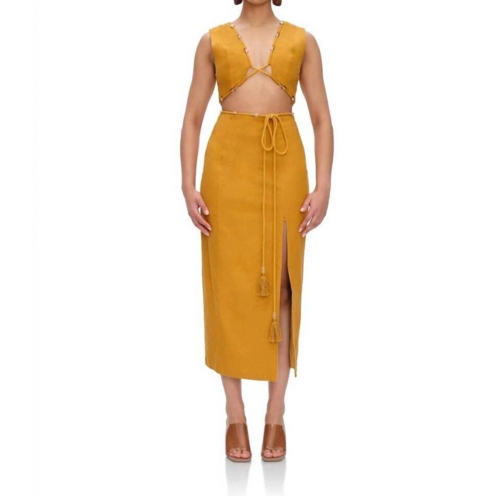 Andrea Iyamah Dress Vela Cut Out Midi Mustard Yellow Linen Blend Size M